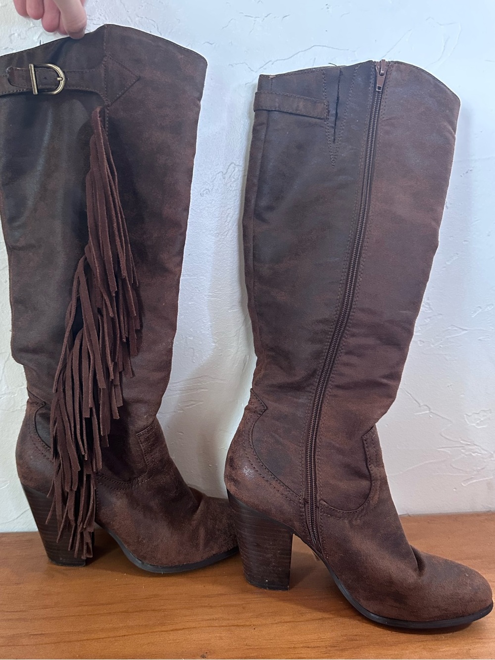Carlos by Carlos Santana Brown Fringe Knee-High Heeled Boots